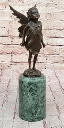 Young Child Girl Angel Fairy Winged Figure Bronze Sculpture on Green Marble Base