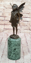 Young Child Girl Angel Fairy Winged Figure Bronze Sculpture on Green Marble Base