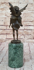 Young Child Girl Angel Fairy Winged Figure Bronze Sculpture on Green Marble Base