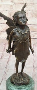 Young Child Girl Angel Fairy Winged Figure Bronze Sculpture on Green Marble Base
