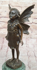 Young Child Girl Angel Fairy Winged Figure Bronze Sculpture on Green Marble Base