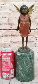 Hot Cast Bronze Young Fairy Girl Winged Angel Figure Sculpture on Green Marble Base