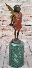 Hot Cast Bronze Young Fairy Girl Winged Angel Figure Sculpture on Green Marble Base