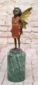 Hot Cast Bronze Young Fairy Girl Winged Angel Figure Sculpture on Green Marble Base