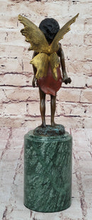 Hot Cast Bronze Young Fairy Girl Winged Angel Figure Sculpture on Green Marble Base