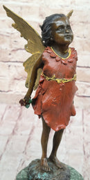 Hot Cast Bronze Young Fairy Girl Winged Angel Figure Sculpture on Green Marble Base