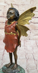 Hot Cast Bronze Young Fairy Girl Winged Angel Figure Sculpture on Green Marble Base