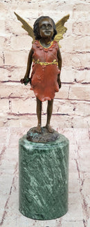Hot Cast Bronze Young Fairy Girl Winged Angel Figure Sculpture on Green Marble Base