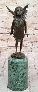 Young Child Girl Angel Fairy Winged Figure Bronze Sculpture on Green Marble Base