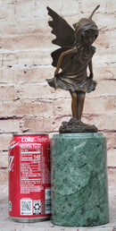 Young Fairy Angel Girl Child Bronze Sculpture Figure on Green Marble Base