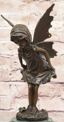 Young Fairy Angel Girl Child Bronze Sculpture Figure on Green Marble Base