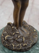 Young Fairy Angel Girl Child Bronze Sculpture Figure on Green Marble Base