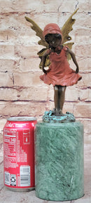 Bronze Metal Figure of Young Fairy Angel Winged Girl on Green Marble Base