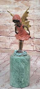 Bronze Metal Figure of Young Fairy Angel Winged Girl on Green Marble Base