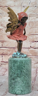 Bronze Metal Figure of Young Fairy Angel Winged Girl on Green Marble Base