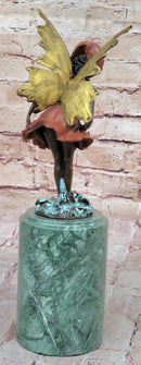Bronze Metal Figure of Young Fairy Angel Winged Girl on Green Marble Base