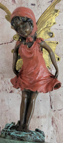 Bronze Metal Figure of Young Fairy Angel Winged Girl on Green Marble Base