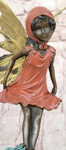Bronze Metal Figure of Young Fairy Angel Winged Girl on Green Marble Base