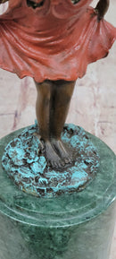 Bronze Metal Figure of Young Fairy Angel Winged Girl on Green Marble Base