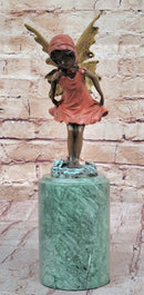 Bronze Metal Figure of Young Fairy Angel Winged Girl on Green Marble Base