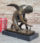 Winged Angel Cherub Cherubim Boy w/ Butterfly Bronze Statue Sculpture Figure 9" x 8.5"