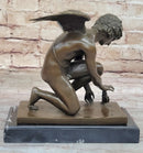 Winged Angel Cherub Cherubim Boy w/ Butterfly Bronze Statue Sculpture Figure 9" x 8.5"