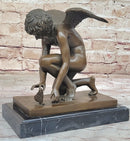 Winged Angel Cherub Cherubim Boy w/ Butterfly Bronze Statue Sculpture Figure 9" x 8.5"