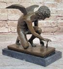 Winged Angel Cherub Cherubim Boy w/ Butterfly Bronze Statue Sculpture Figure 9" x 8.5"