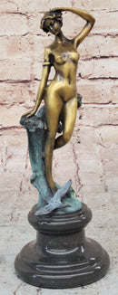 Nude Female Figure Among Ocean Waves Bronze Statue Sculpture on Marble Base
