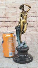 Nude Female Figure Among Ocean Waves Bronze Statue Sculpture on Marble Base