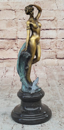 Nude Female Figure Among Ocean Waves Bronze Statue Sculpture on Marble Base