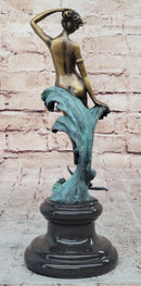 Nude Female Figure Among Ocean Waves Bronze Statue Sculpture on Marble Base