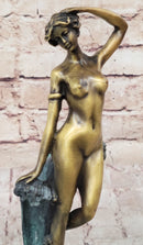 Nude Female Figure Among Ocean Waves Bronze Statue Sculpture on Marble Base