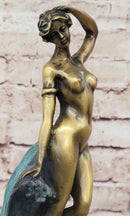 Nude Female Figure Among Ocean Waves Bronze Statue Sculpture on Marble Base