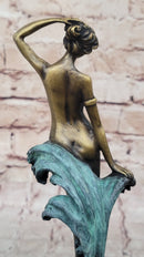 Nude Female Figure Among Ocean Waves Bronze Statue Sculpture on Marble Base