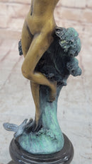 Nude Female Figure Among Ocean Waves Bronze Statue Sculpture on Marble Base