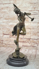 Trumpeting Winged Angel Fairy Garden Statue Bronze Sculpture Signed Art 15" x 10"