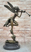 Trumpeting Winged Angel Fairy Garden Statue Bronze Sculpture Signed Art 15" x 10"