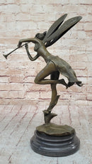 Trumpeting Winged Angel Fairy Garden Statue Bronze Sculpture Signed Art 15" x 10"