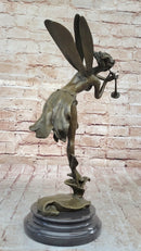 Trumpeting Winged Angel Fairy Garden Statue Bronze Sculpture Signed Art 15" x 10"
