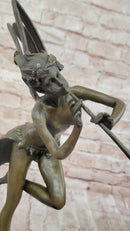 Trumpeting Winged Angel Fairy Garden Statue Bronze Sculpture Signed Art 15" x 10"
