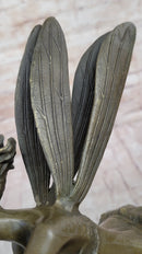 Trumpeting Winged Angel Fairy Garden Statue Bronze Sculpture Signed Art 15" x 10"