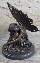 Sleeping Fairy Winged Angel Girl Bronze Statue Sculpture Signed Original Art