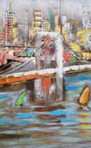 3D Wall Art Painting Bridge & Sailboats Scene Mixed Media Metal Wood Art