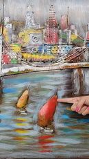 3D Wall Art Painting Bridge & Sailboats Scene Mixed Media Metal Wood Art