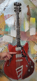 Red Guitar 3D Wall Art Painting Metal Cutout Mixed Media Assemblage Decor