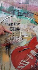 Red Guitar 3D Wall Art Painting Metal Cutout Mixed Media Assemblage Decor