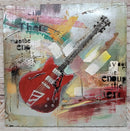 Red Guitar 3D Wall Art Painting Metal Cutout Mixed Media Assemblage Decor