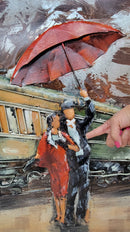 Romantic Couple Waiting for Train in the Rain Painted Metal 3D Wall Art