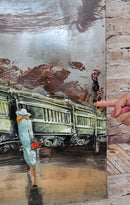 Romantic Couple Waiting for Train in the Rain Painted Metal 3D Wall Art